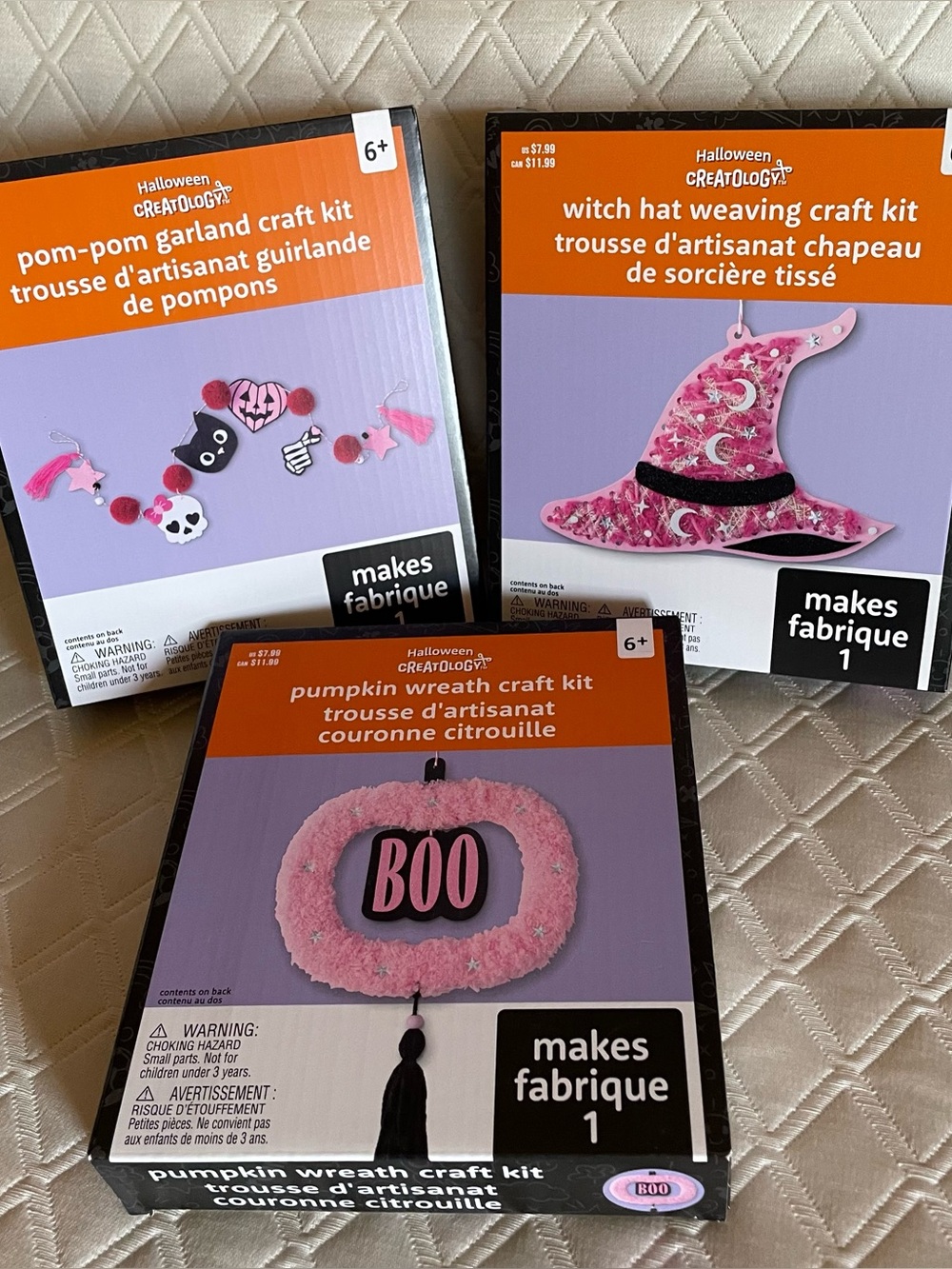 3 Halloween Craft Kits, Witch Hat, Pom-Pom Garland & Pumpkin Wreath NWT